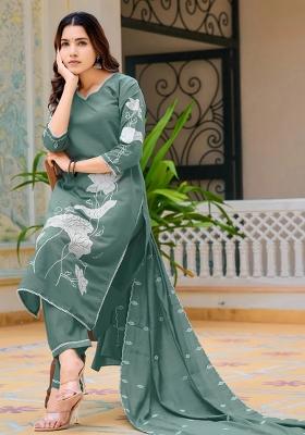 Green Printed Chanderi Straight Kurta Set