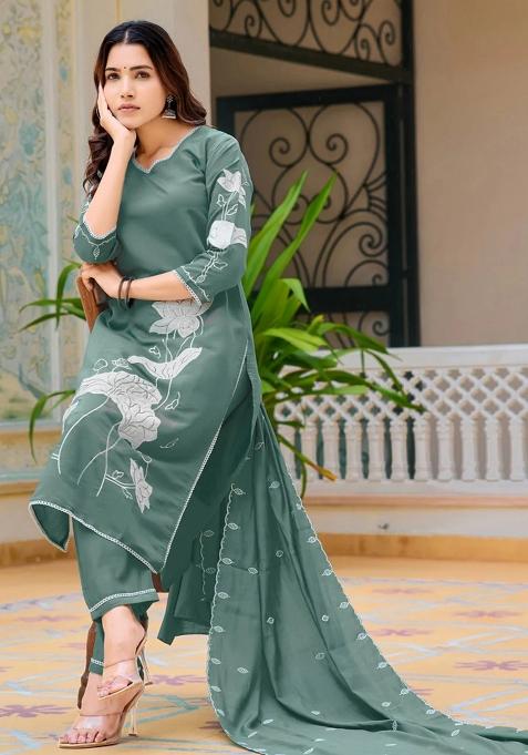 Green Embroidery Chanderi Kurta Set