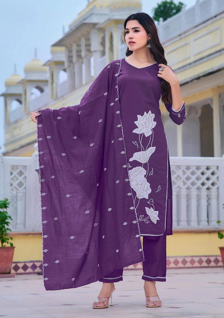 Purple Embroidery Chanderi Kurta Set - Indya