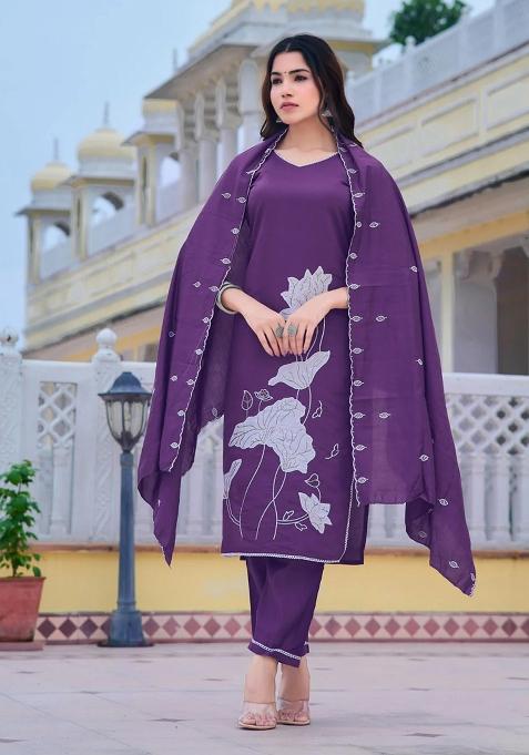 Purple Embroidery Chanderi Kurta Set