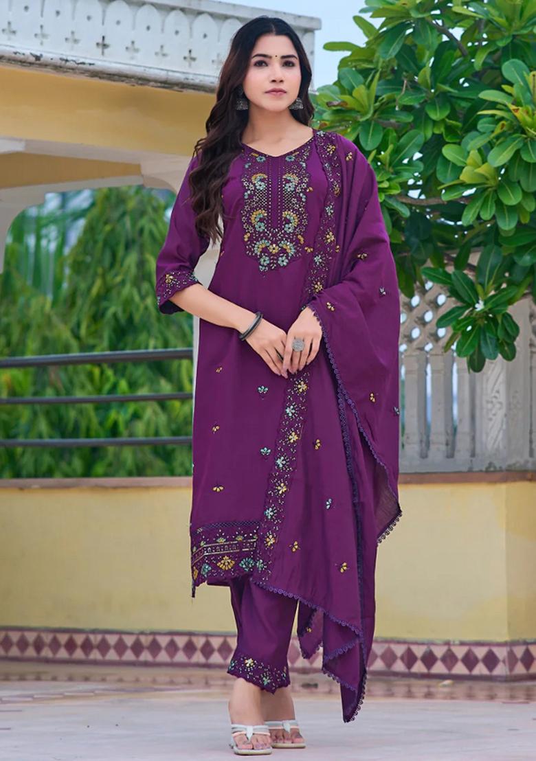 Purple Embroidery Chanderi Kurta Set - Indya
