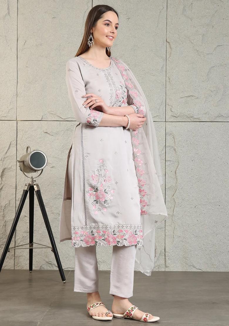 Grey Embroidery Chanderi Kurta Set - Indya