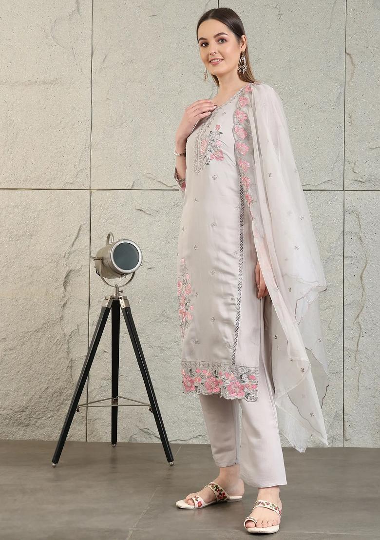 Grey Embroidery Chanderi Kurta Set - Indya