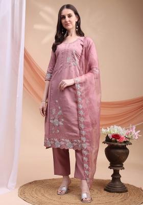 Pink Embroidery Chanderi Kurta Set
