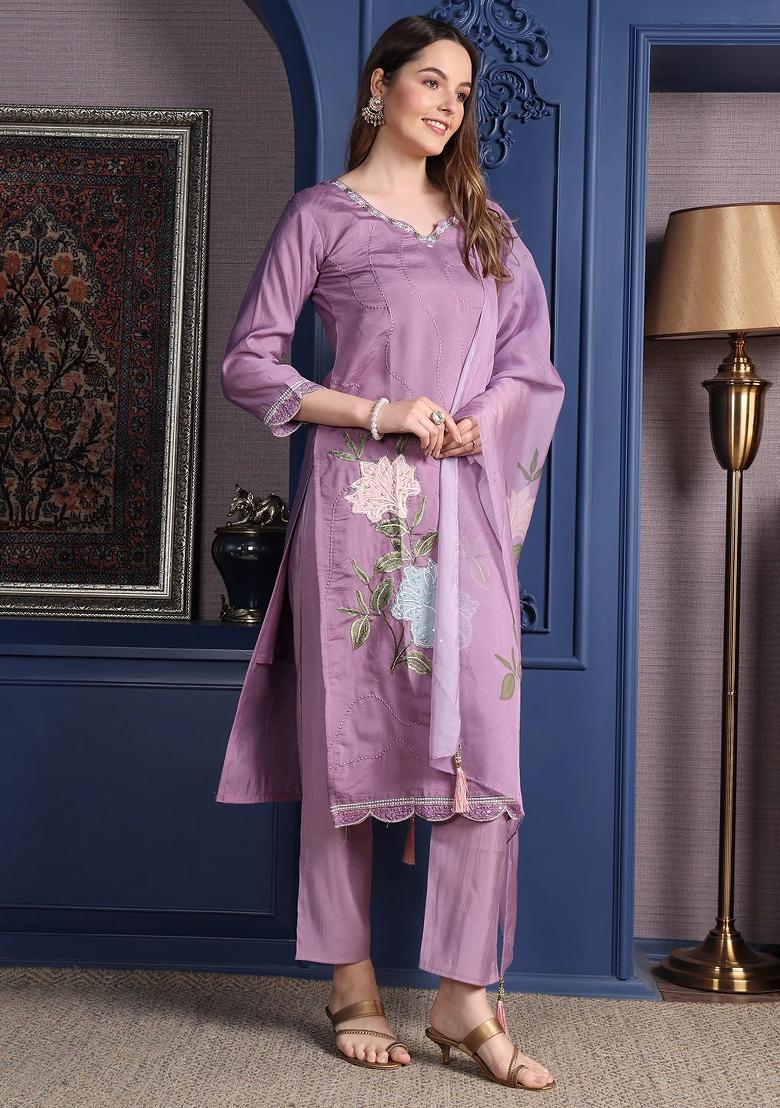 Lavender Embroidery Cotton Kurta Set - Indya