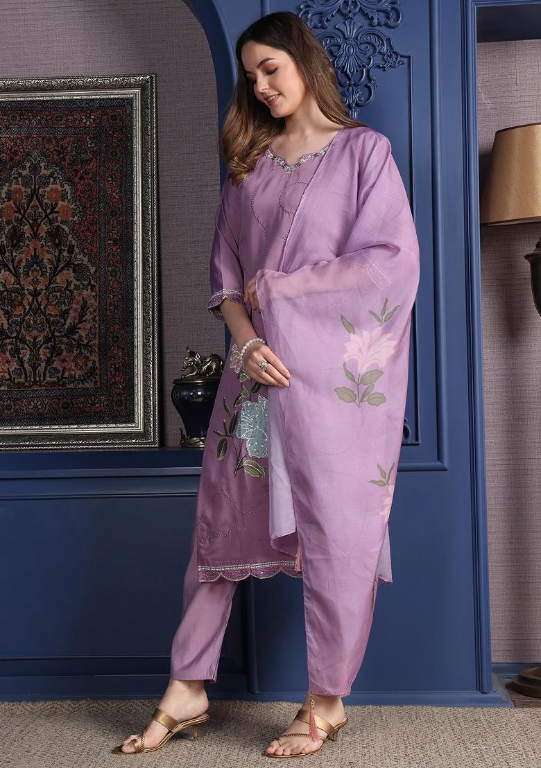 Lavender Embroidery Cotton Kurta Set - Indya