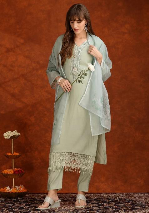 Green Embroidery Chanderi Kurta Set