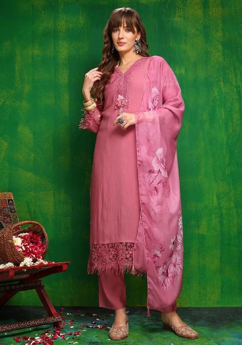 Pink Embroidery Chanderi Kurta Set