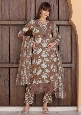 Brown Embroidery Cotton Kurta Set