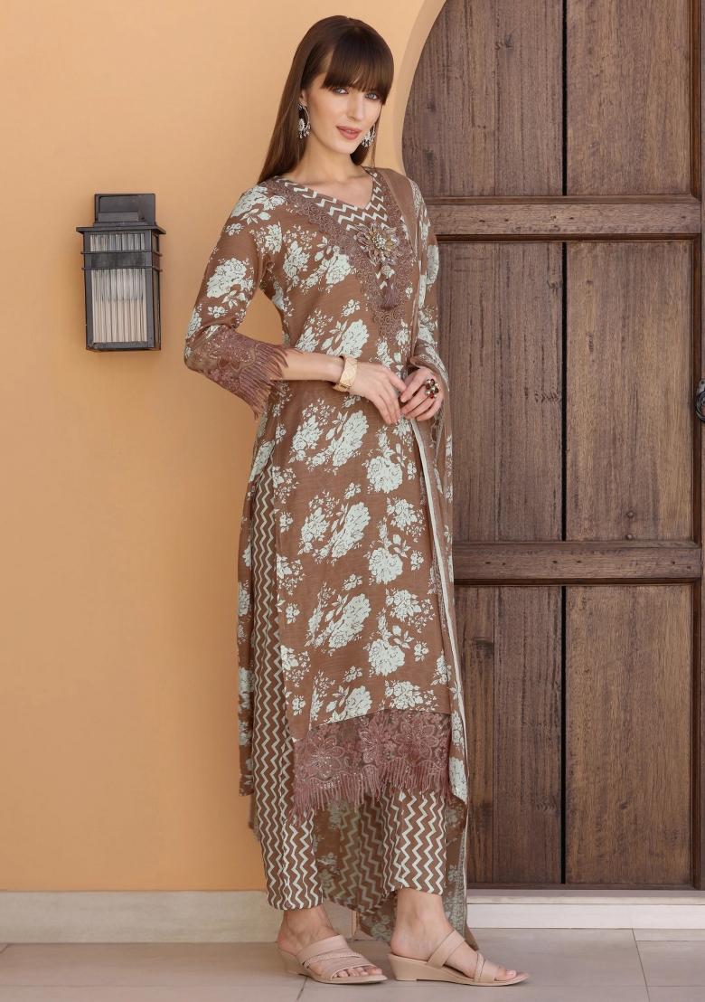 Brown Embroidery Cotton Kurta Set - Indya
