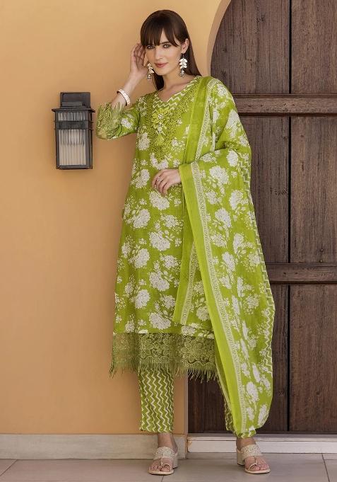 Green Embroidery Cotton Kurta Set
