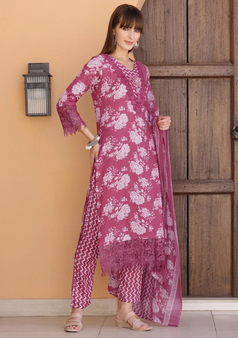Purple Embroidery Cotton Kurta Set - Indya
