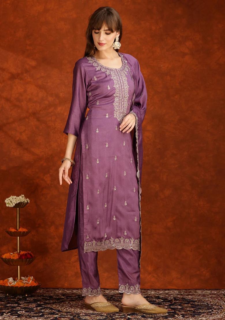 Lavender Embroidery Silk Kurta Set - Indya