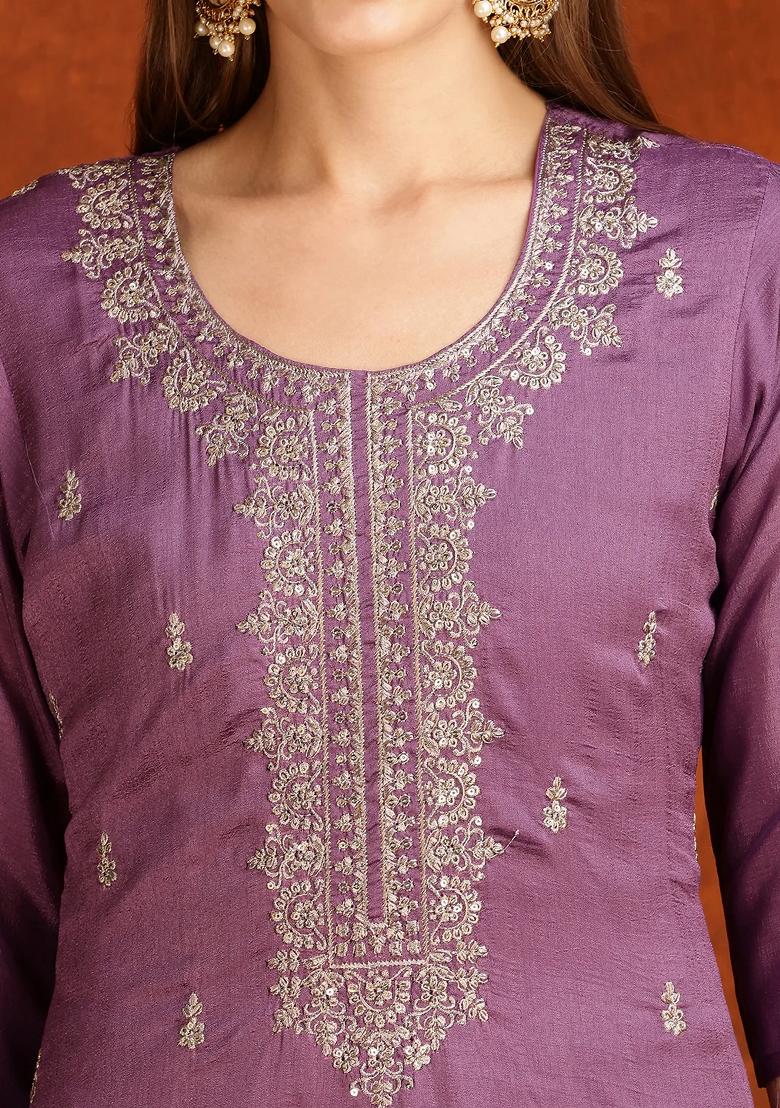 Lavender Embroidery Silk Kurta Set - Indya