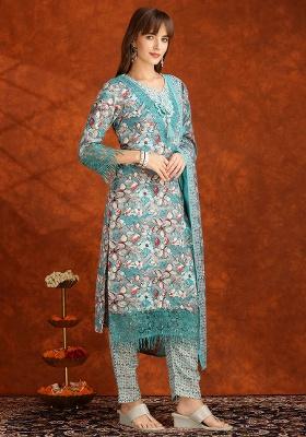 Aqua Blue Embroidery Cotton Kurta Set