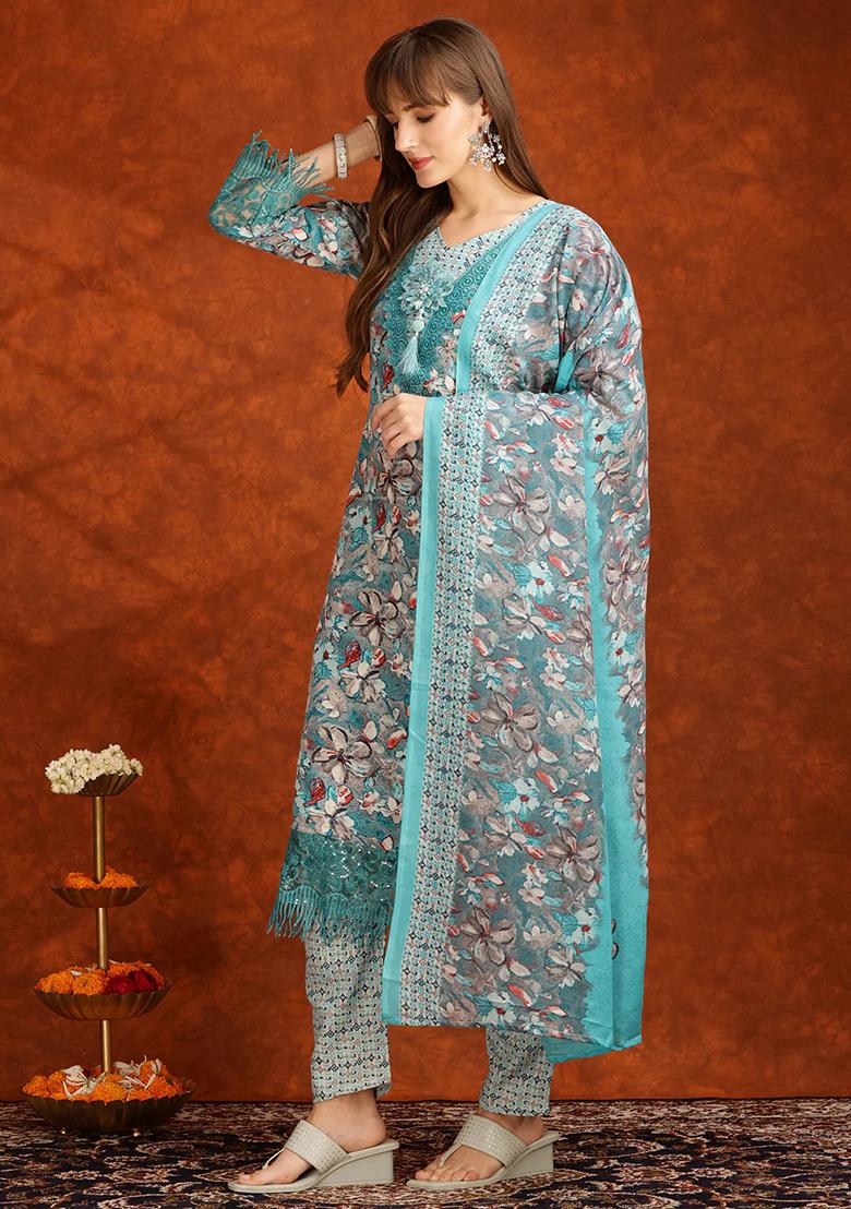 Aqua Blue Embroidery Cotton Kurta Set - Indya