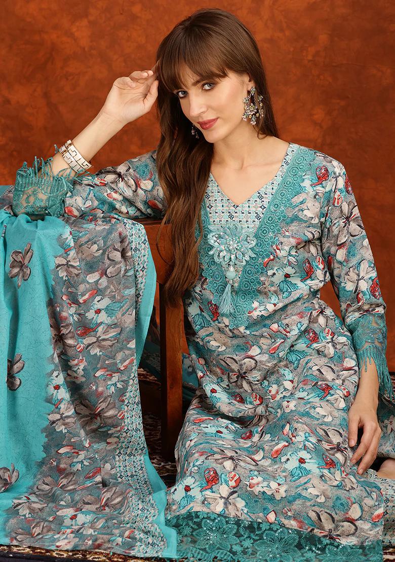 Aqua Blue Embroidery Cotton Kurta Set - Indya