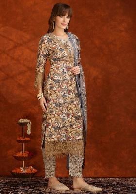 Brown Embroidery Cotton Kurta Set