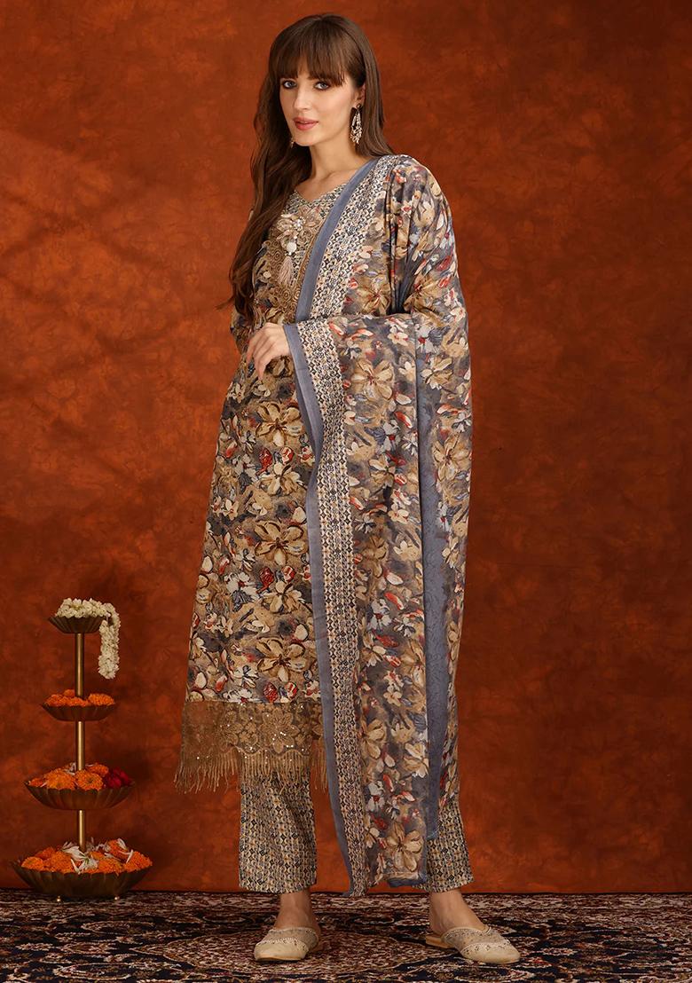 Brown Embroidery Cotton Kurta Set - Indya