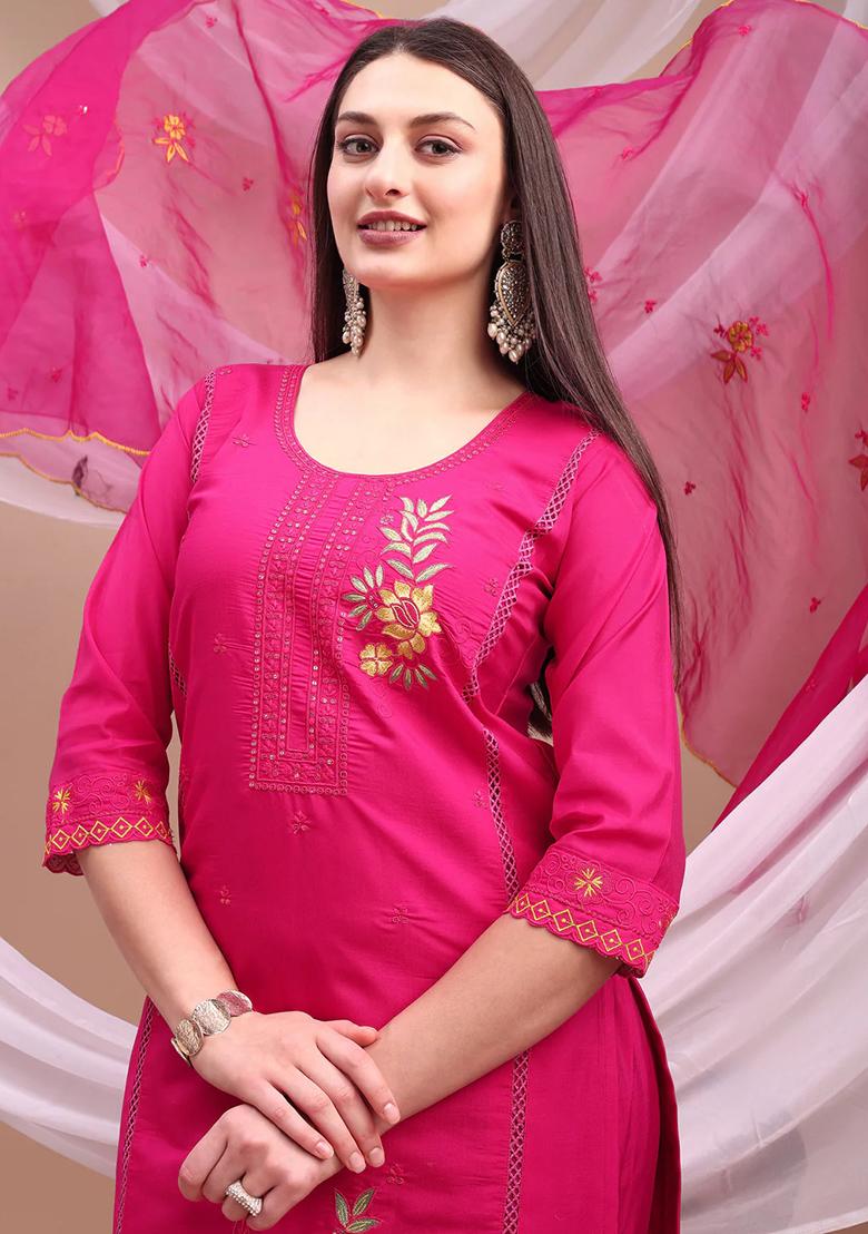 Pink Embroidery Chanderi Kurta Set - Indya