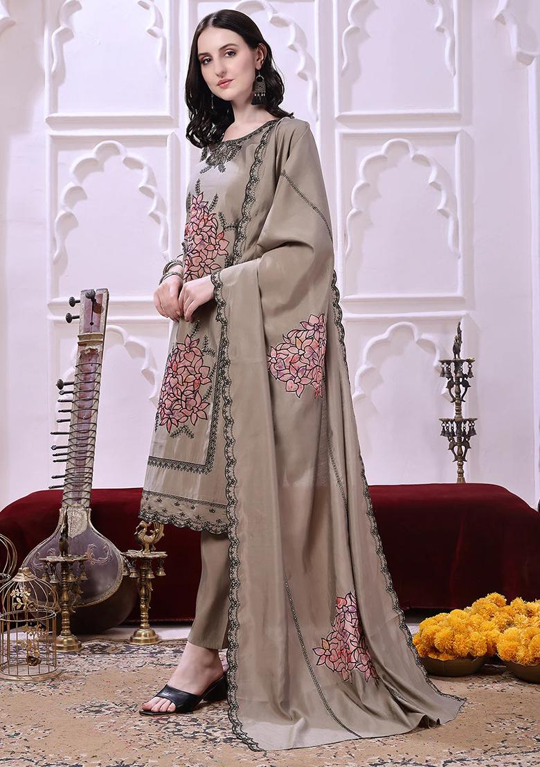 Taupe Embroidery Chanderi Kurta Set - Indya