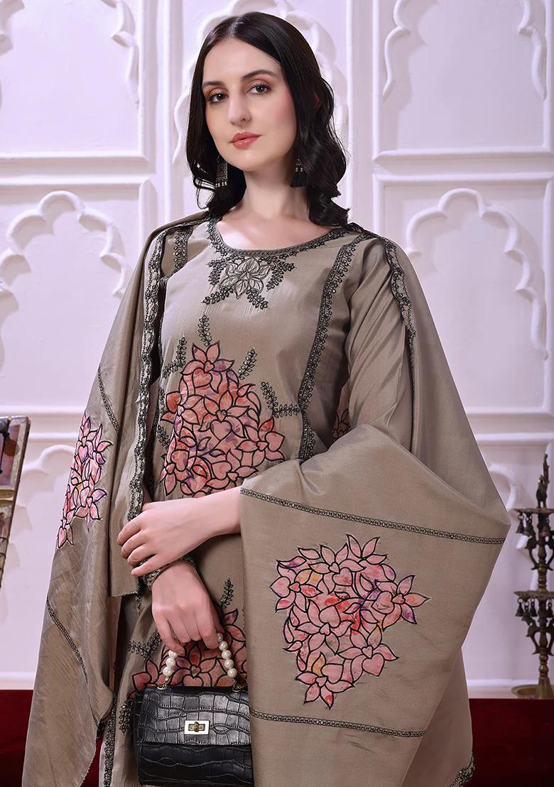 Taupe Embroidery Chanderi Kurta Set - Indya