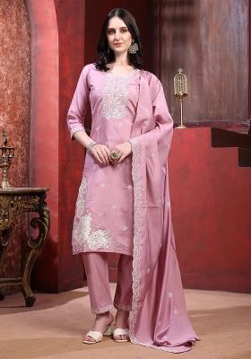 Pink Embroidery Chanderi Kurta Set