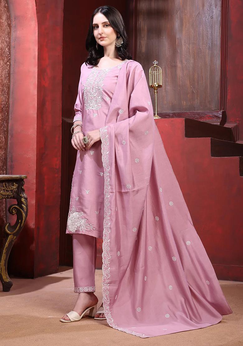 Pink Embroidery Chanderi Kurta Set - Indya