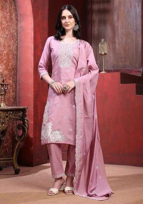 Pink Embroidery Chanderi Kurta Set