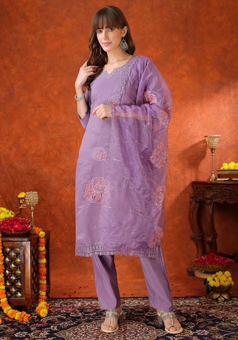 Lavender Embroidery Chanderi Kurta Set