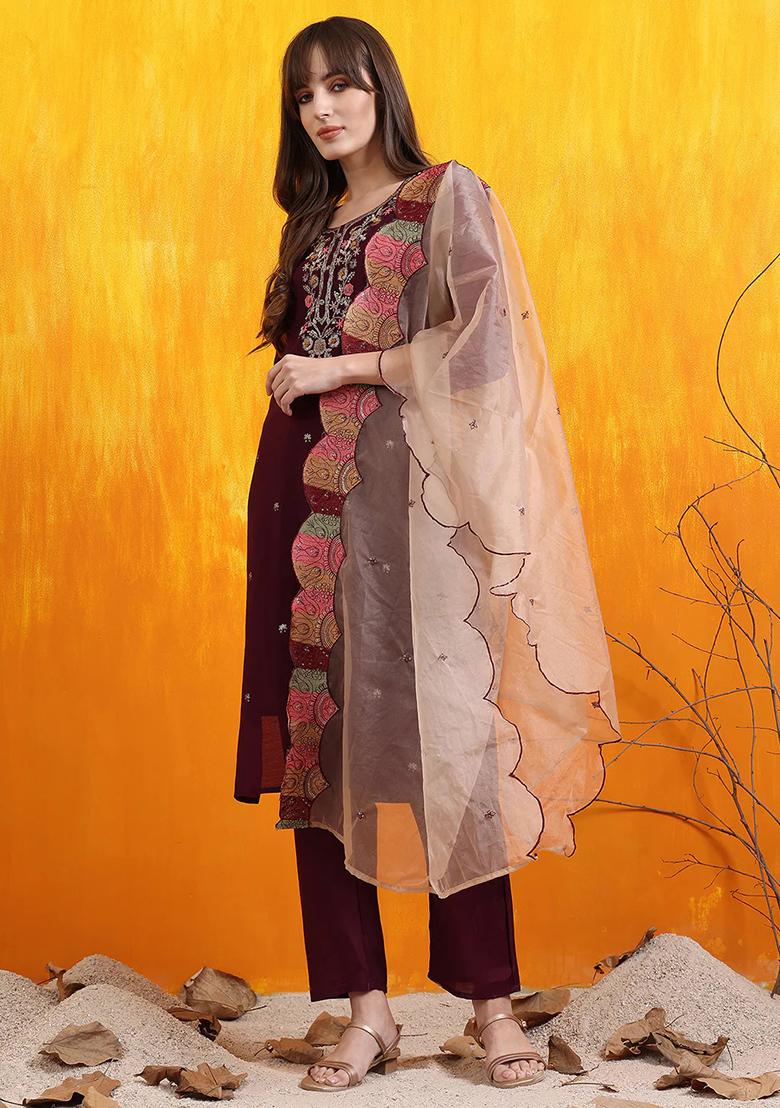 Purple Embroidery Chanderi Kurta Set - Indya