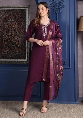 Purple Embroidery Chanderi Kurta Set