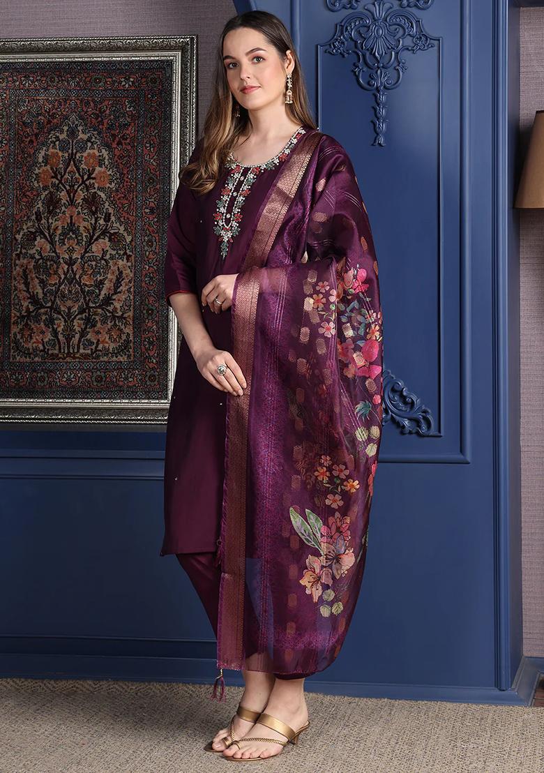 Purple Embroidery Chanderi Kurta Set - Indya