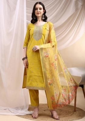 Yellow Embroidery Chanderi Kurta Set