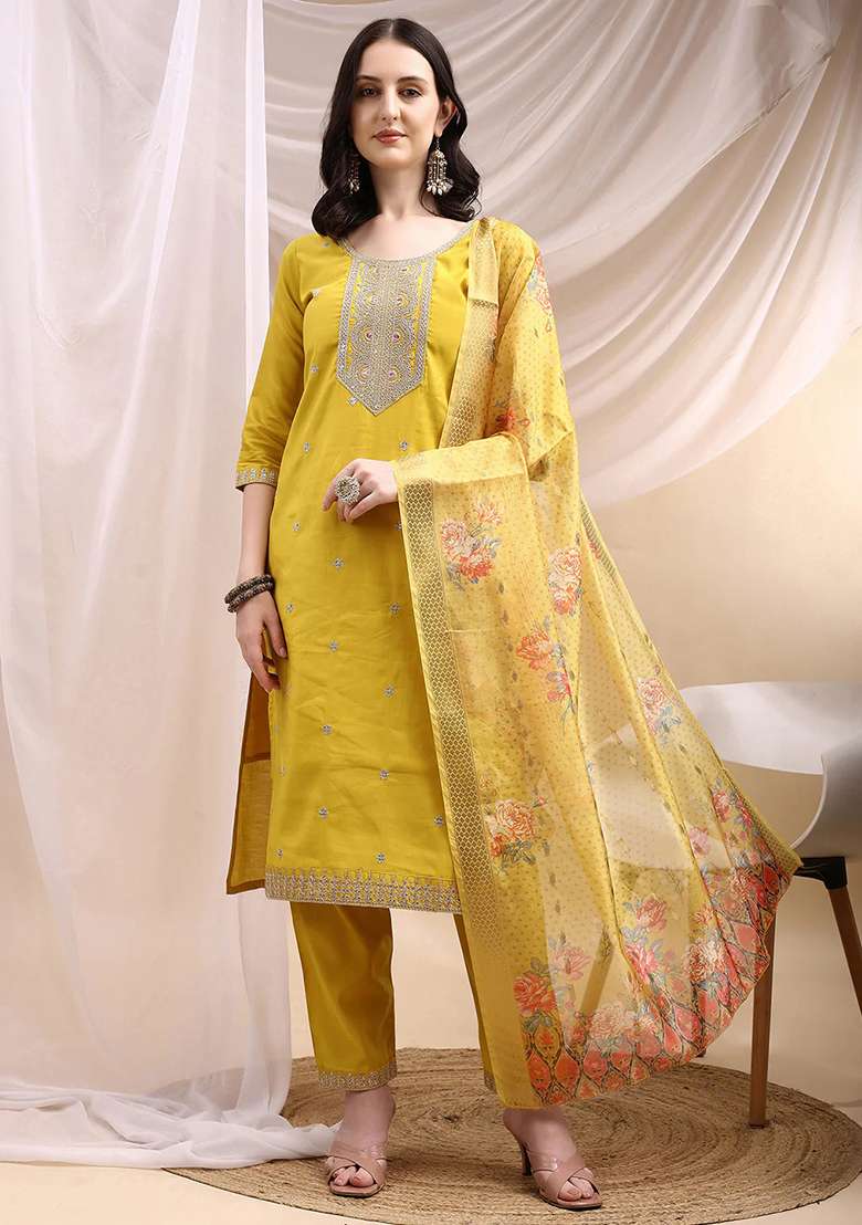 Yellow Embroidery Chanderi Kurta Set - Indya