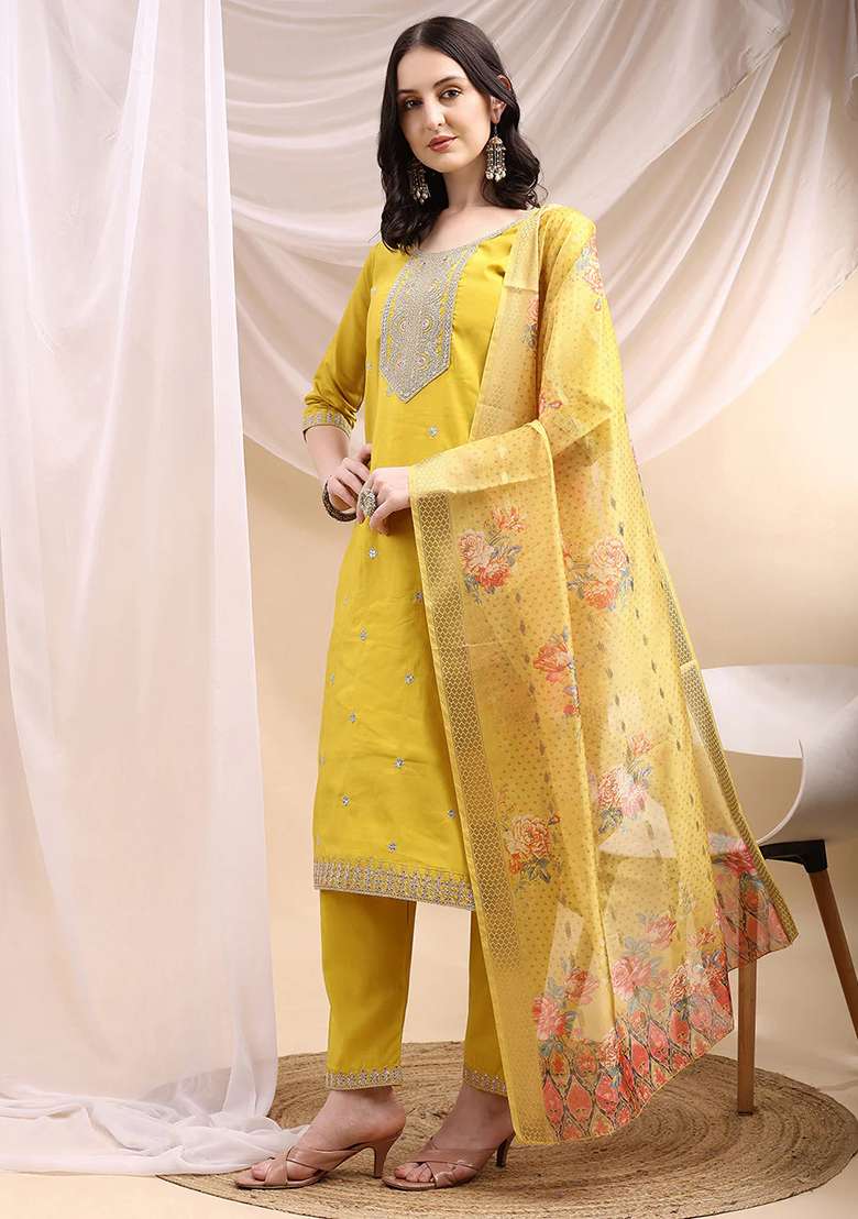 Yellow Embroidery Chanderi Kurta Set - Indya