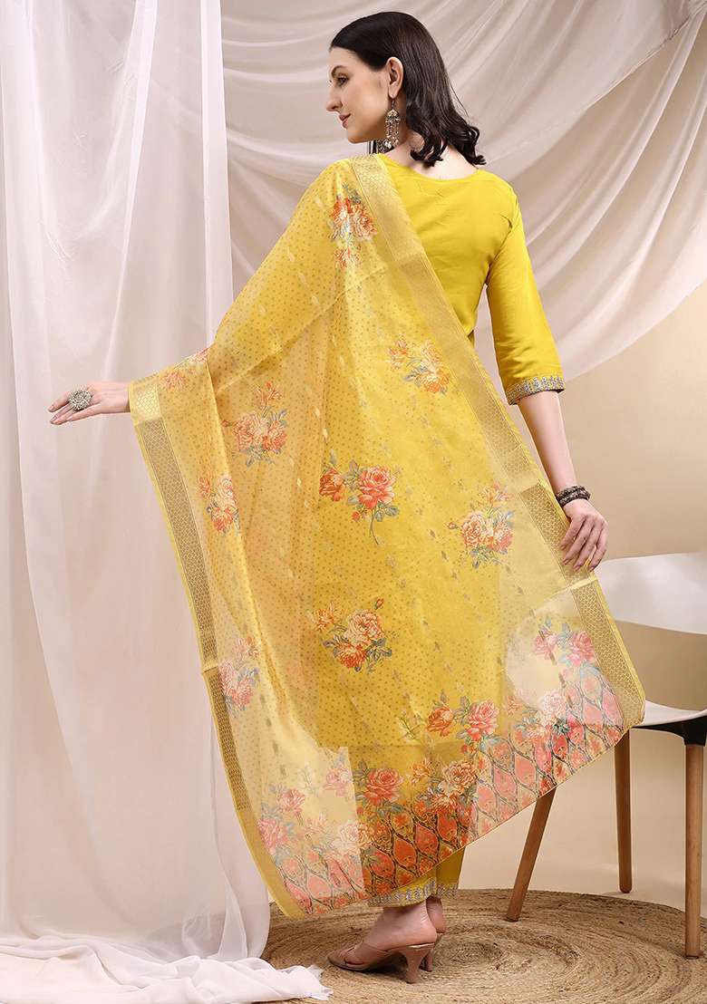 Yellow Embroidery Chanderi Kurta Set - Indya