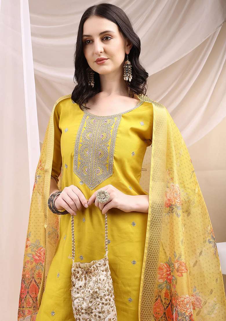 Yellow Embroidery Chanderi Kurta Set - Indya