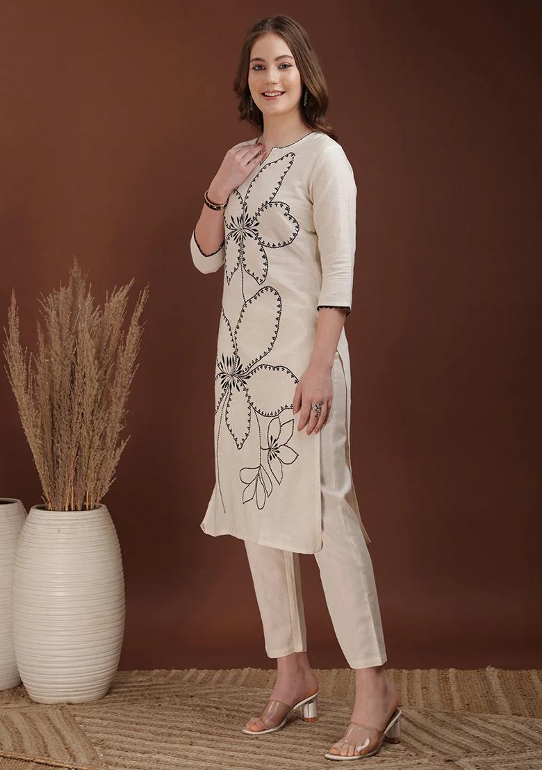 White Embroidery Cotton Kurta Set - Indya