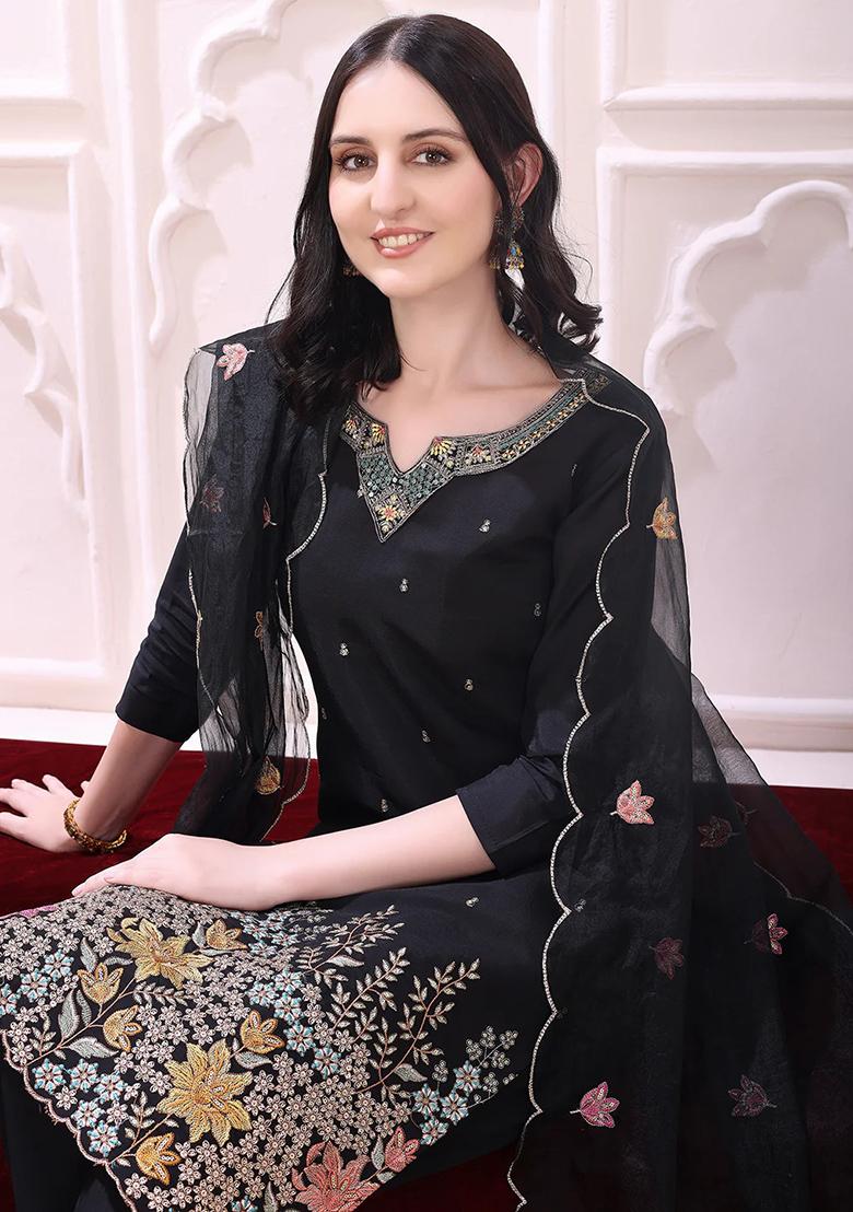 Black Embroidery Chanderi Kurta Set - Indya