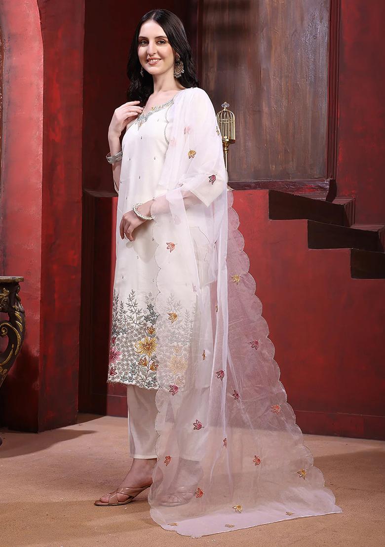 White Embroidery Chanderi Kurta Set - Indya
