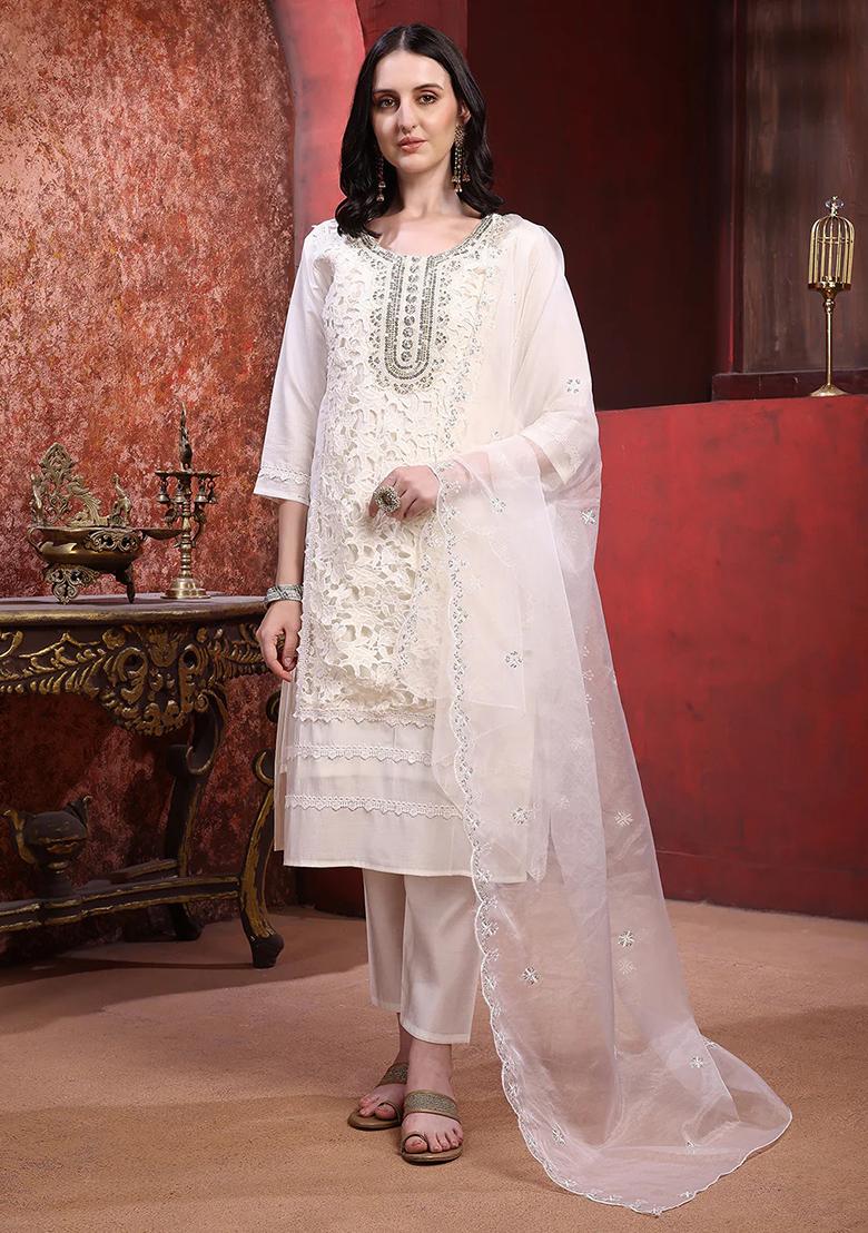 Cream Embroidery Chanderi Kurta Set - Indya