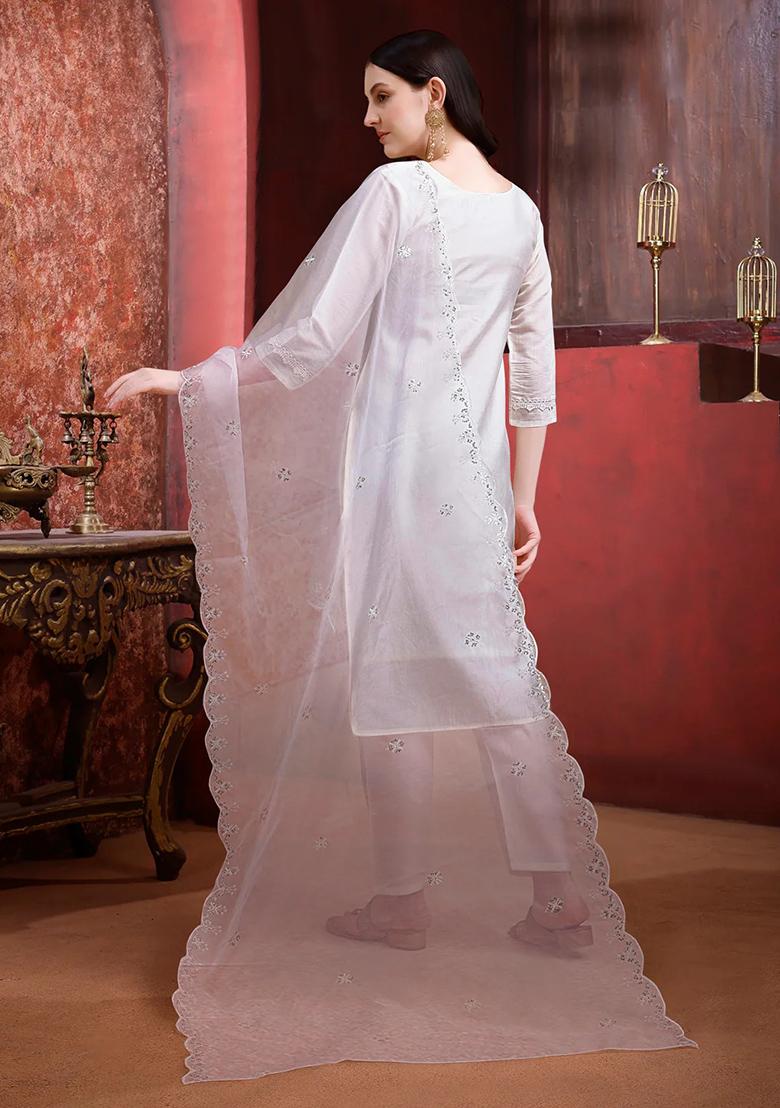 Cream Embroidery Chanderi Kurta Set - Indya