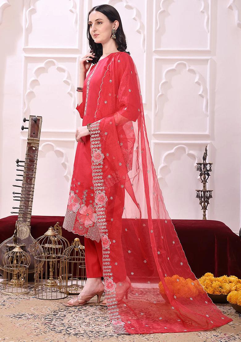 Pink Embroidery Chanderi Kurta Set - Indya