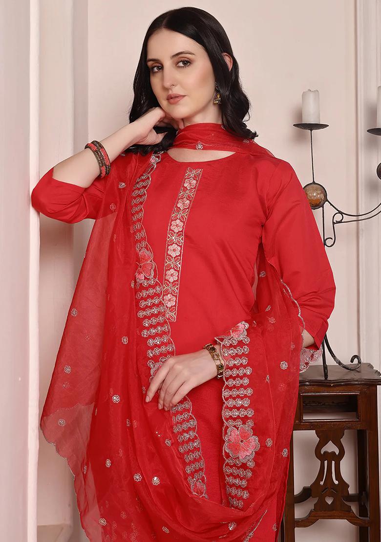 Pink Embroidery Chanderi Kurta Set - Indya