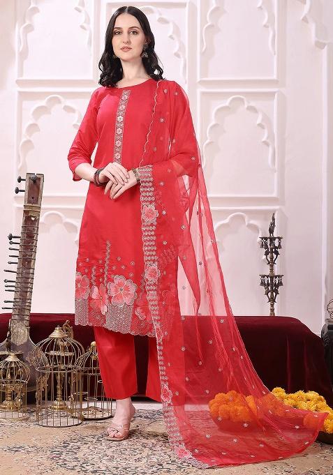 Pink Embroidery Chanderi Kurta Set