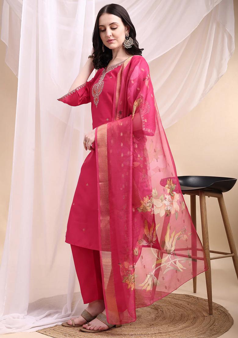 Pink Embroidery Chanderi Kurta Set - Indya