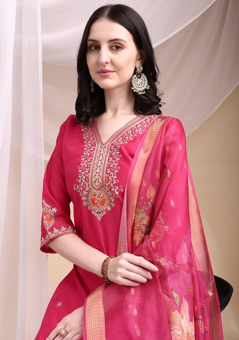 Pink Embroidery Chanderi Kurta Set - Indya