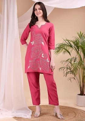 Pink Embroidery Chanderi Kurta Set