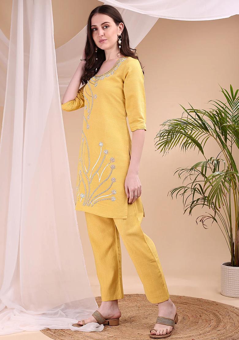Yellow Embroidery Chanderi Kurta Set - Indya